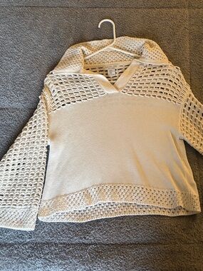 Rachel Zoe Cream Open-Weave Cotton Hooded Top